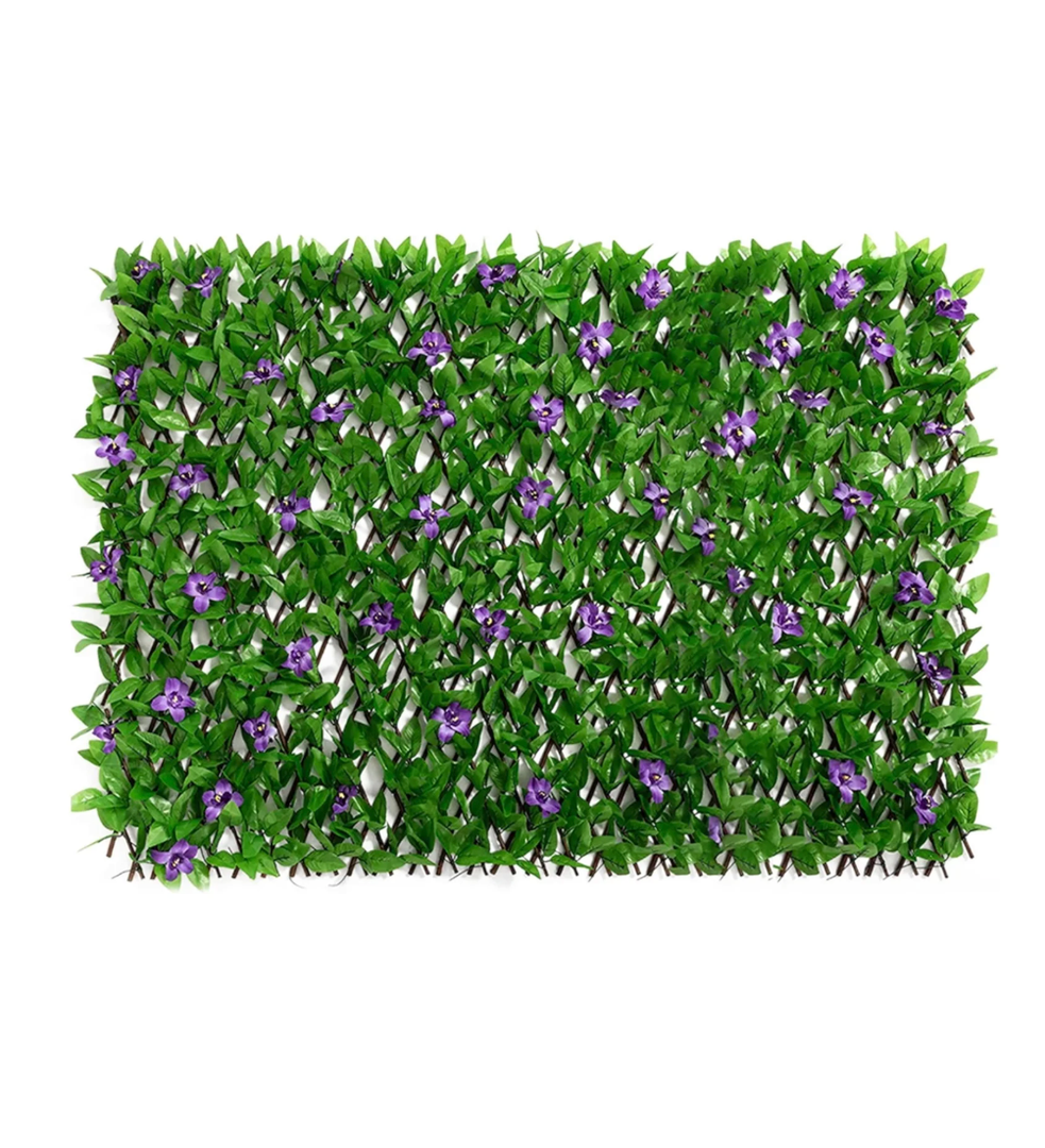 Artificial Ivy Privacy Fence Screen with Purple Flowers, Expandable Faux Ivy Trellis for Garden, Patio, Outdoor Decor, 46x14.3x2"