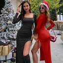 LAGSHIAN Women's Sexy Bodycon Cocktail Square Neck Long Sleeve High Split Ruched Midi Party Dress (Black)