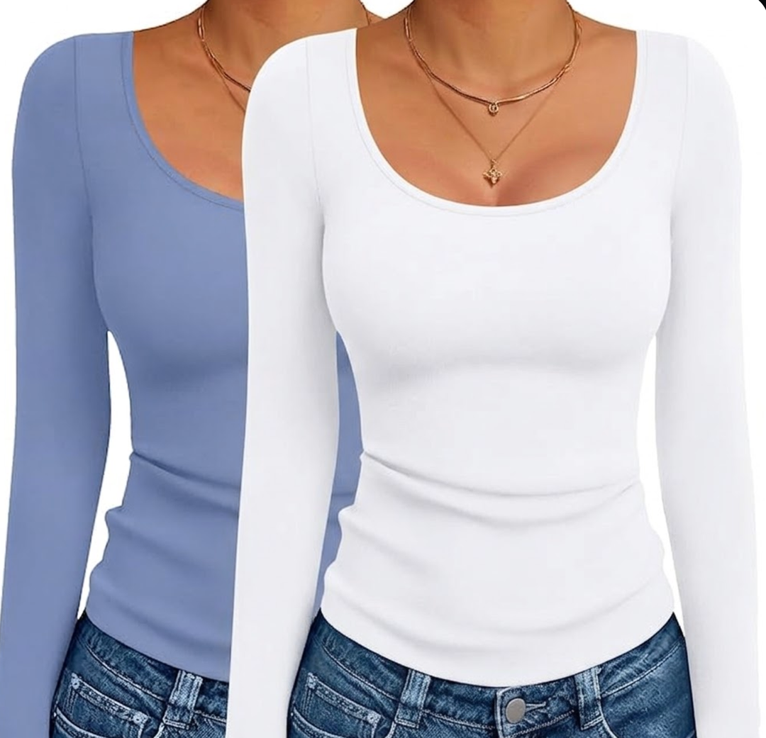 Ekouaer 2 Pack Long Sleeve Shirts for Women Scoop Neck Ribbed Thermal Tops Slim Fit Basic Undershirts L, Blue Gray/ White