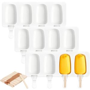 3 Set Silicone Popsicle Molds Ice Cream Mould 4 Cavity Ice Lolly Mold White Oval Cake Pop Mould with 150 Pieces Wooden Sticks for DIY Cream Popsicle Cake, White