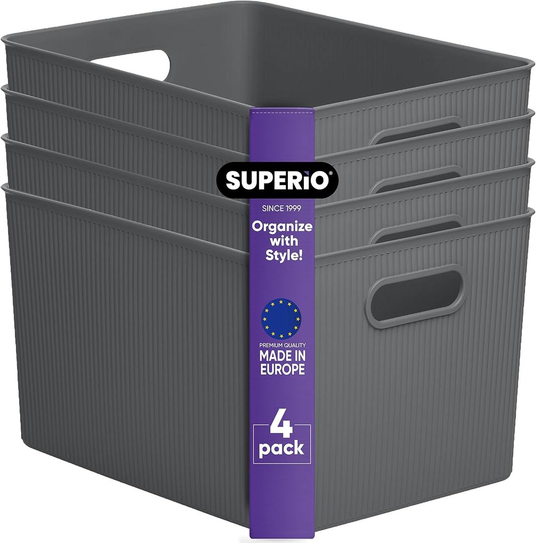 Superio Ribbed Collection - Decorative Plastic Open Home Storage Bins Organizer Baskets, X-Large Grey (4 Pack) Container Boxes for Organizing Closet Shelves Drawer Shelf 22 Liter/23 Quart (4 Pack)