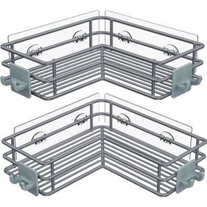 Nieifi Adhesive Corner Shower Caddy Shelf Basket Rack with Hooks, Rust Proof Stainless Steel Bathroom Shelf Shampoo Holder No Drilling (Gray) (Grey)