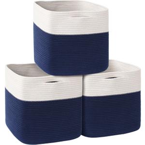 13x13x13 inch Cube Storage Bin, 3-Pack Woven Cotton Rope Baskets for Organizing, 13 inch Storage Cubes for Shelves, Cute Kids Toy Bin for Boys, Baby Nursery Closet Organizer, Blue Room Decor