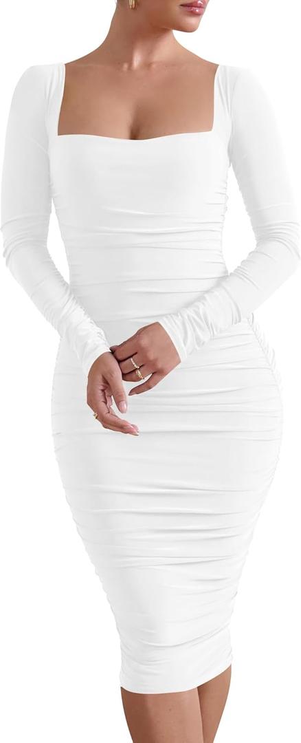 HOCILLE Women's Sexy Long Sleeve Bodycon Square Neck Ruched Cocktail Party Midi Dresses (Medium, White)