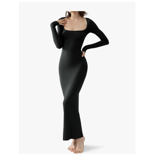 PUMIEY Women's Square Neck Long Sleeve Maxi Dress Ribbed Bodycon Dresses for Women Soft Lounge Dress, M