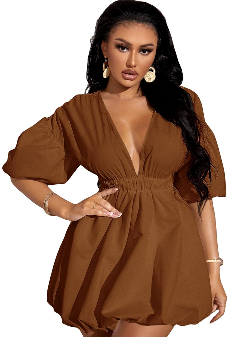 WDIRARA Women's Deep V Neck Puff Sleeve High Rise Flare Dress Elastic Waist Dress, XL