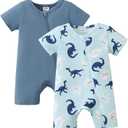 Newborn Baby Boy Clothes Summer Infant Boy Outfits Dinosaur Short Sleeve Zipper Rompers Jumpsuits Bodysuit 2 Pack (3-6 Months, Dw Blue)