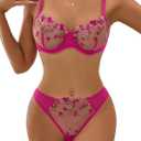 Lilosy Sexy Floral Embroidered Flower Mesh Underwire Push Up Lingerie Set (Small, Hot Pink)