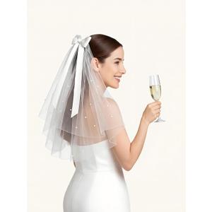 Bride Veil for Bachelorette Party: Short White 24 Inch Bachelorette Veil with Bow & Pearls - Lightweight Tulle Comb Hold - Bridal Shower Gift for Bride-to-Be