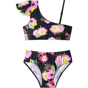 Girls Swimsuit Bikini Set 2 Piece Quick Dry Ruffle Bathing Suit Teens Swimwear with Spaghetti Strap (Black)