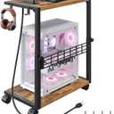 PC Stand with Charging Station, Height Adjustable Computer Tower Stand, 19.7"-31.5" H, Computer Cart with Wheels and Hooks, CPU Holder for Floor, Carpet and Under Desk, Rustic Brown