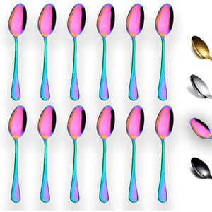 Rainbow Teaspoons 6.5" Set of 12, Berglander Stainless Steel Titanium Plating Shiny Mutil-Color Tea Spoons Silverware, Colorful Tea Spoon Small Dessert Spoon Teaspoon Easy To Clean Dishwasher Safe
