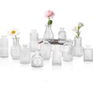 Set of 12 Glass Bud Vase Set, Small Vintage Clear Flower Vase Centerpieces for Table Bulk Cute Rustic Style Mini Vase for Home Decor Wedding Baby Shower Birthday Party