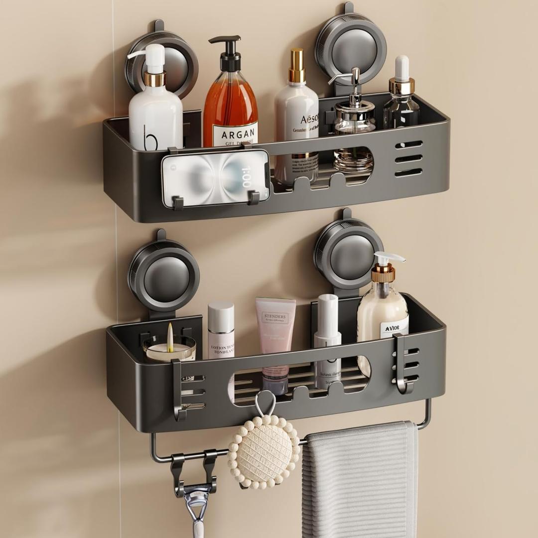 Voldra Shower Caddy Suction Cup, Shower Shelves for Inside Shower No Drilling, Aluminum Suction Showers Organizer for Wall with Towel Bar & Hooks Removable Bathroom Storage Rack(2 Pack-Gray)