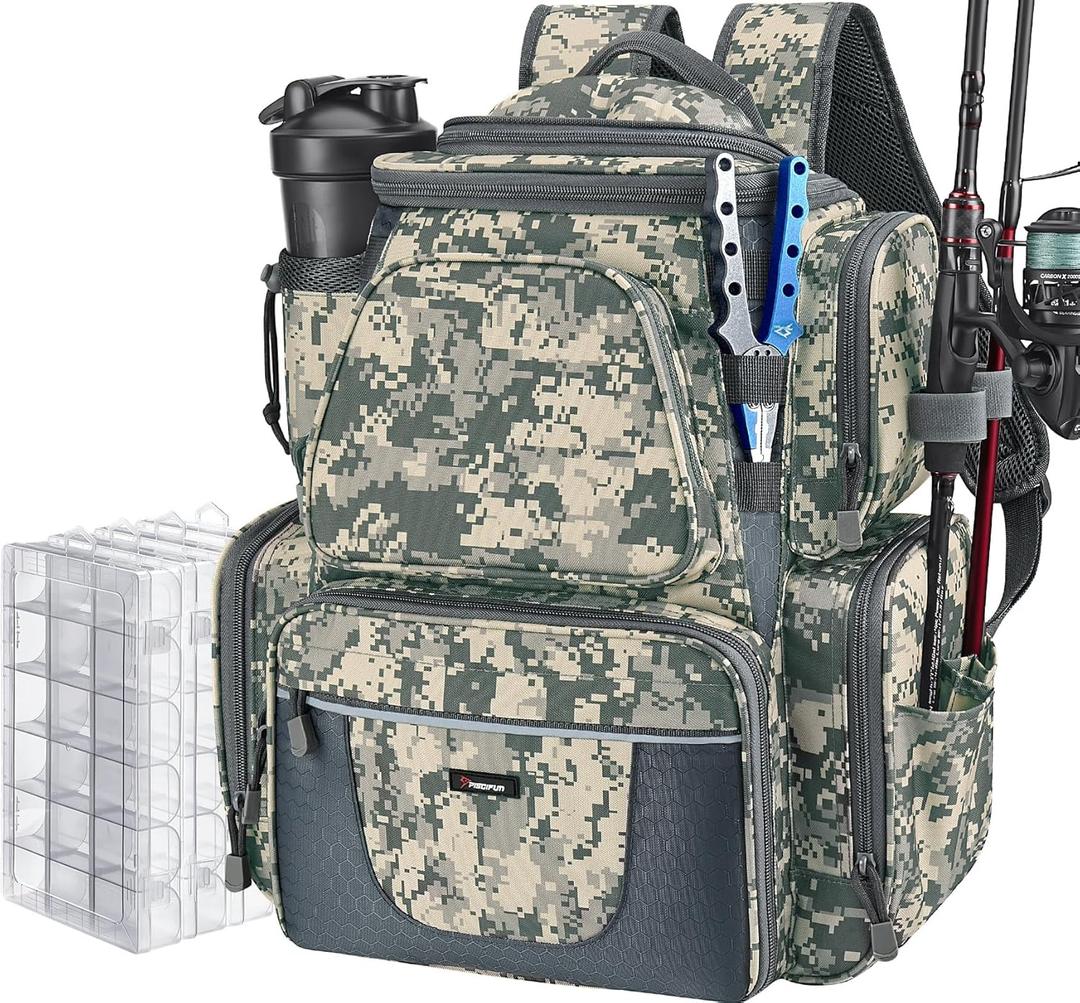 Piscifun Fishing Backpack with 2 Rod Holders & 4 Tackle Boxes, Large Tackle Storage Bag With Rain Cover for Fishing Gear (Digital Camouflage)