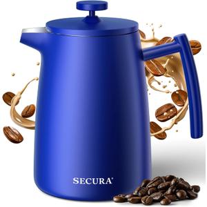 Secura 50oz French Press Coffee Maker  304 Stainless Steel, Insulated Coffee Press with Extra Filter, Blue