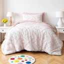 Amazon Basics Kids' Pink Bedding Set, 5-Piece Jacquard Microfiber Bed-in-a-Bag with Comforter, Fitted Sheet, Flat Sheet, Pillowcase, Pillow Sham, Deep Pocket 16", All-Season, Pink Tufted, Twin