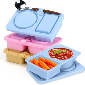 Palksky Silicone Snack Containers with Lids, 3PCS Snackle Box Container 2/Tow/Double Compartment, Reusable Condiment Containers, Small Mini Food Snack Boxs (Bule*1 & Pink*1 & Yellow*1)