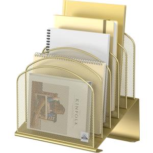 Inclined Desk File Organizer, 5-Section Vertical File Folder Holder Stand Metal Rack File Sorter for Office Classroom Desktop Organization (Gold, 1Pack)