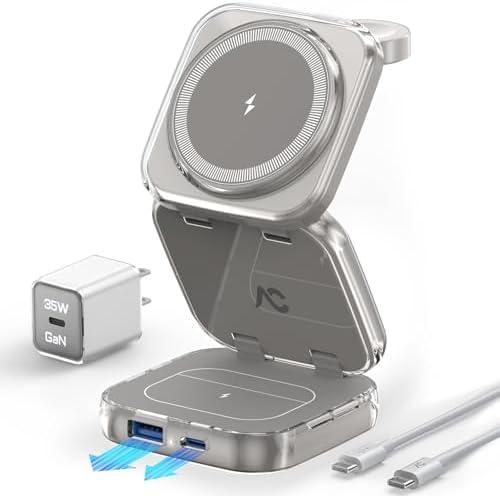 Wireless Charger for MagSafe, AC Island 5-in-1 Portable Travel Charging Station, 15W Max Fast Foldable Magnetic Stand, Evolved for iPhone 16/15/14/13 Series, Apple Watch, AirPods (with 35W Adapter)