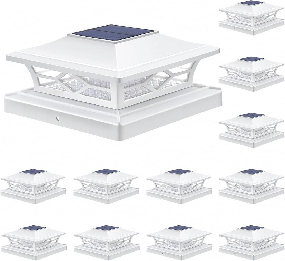 APONUO Solar Post Cap Lights, 12 Pack 2-Mode Fence Post Solar Lights, IP65 Waterproof, Auto On/Off, Outdoor Deck Fence Garden Lights for 4x4 5x5 6x6 Vinyl Posts, White