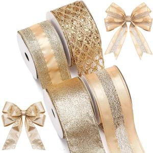 Riceshoot 40 Yard Christmas Tree Gold Ribbon Wired with Glitter 2.5" Glitter Mesh Champagne Fabric Christmas Ribbon Gold Wired Ribbon 4 Roll for Tree Topper Decor, Wreath, Gift Wrapping, Craft