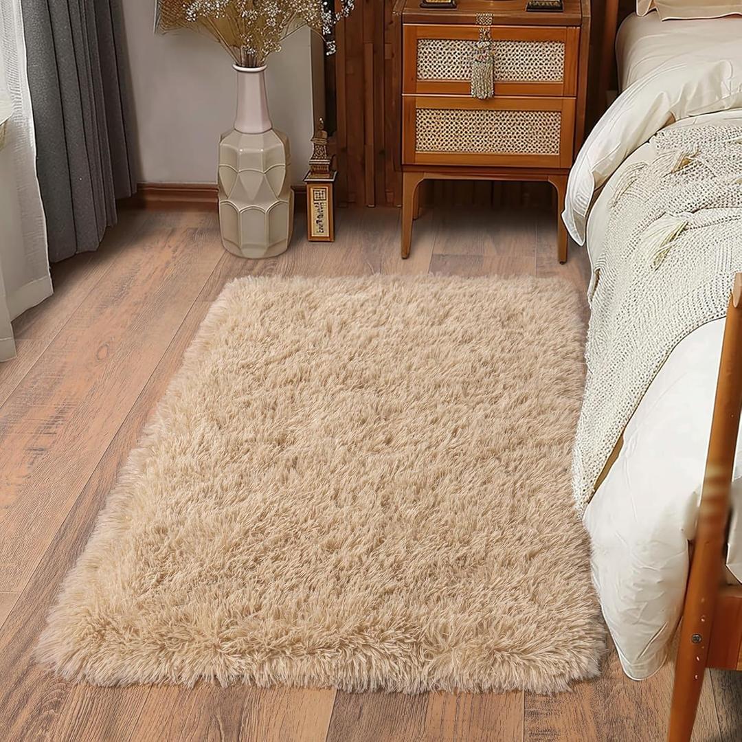 Soft Runner Rugs for Bedroom Hallways, 2x3 Beige Fluffy Shag Throw Area Rug for Bedside Dorm, Long Shaggy Furry Carpet for Nursery Living Room New Upgraded Non-Slip Bottom