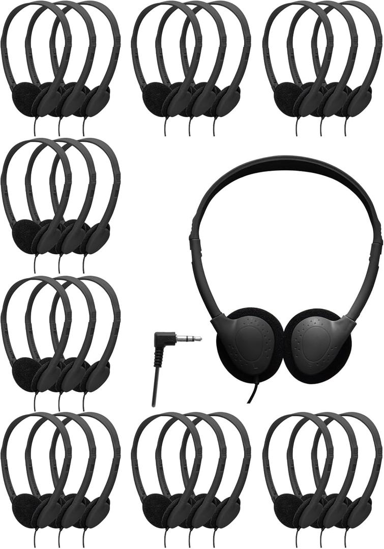 25 Pack Headphones Bulk for School Wired Student Earphones for Classroom with Adjustable Headband On-Ear Class Set Headsets Individually PackedBlack