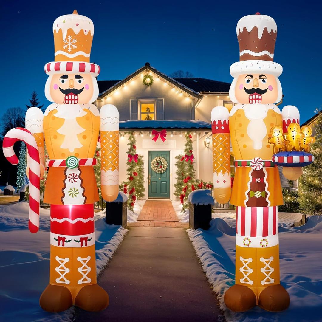 OurWarm 2 Pcs 8FT Merry Christmas Inflatable Outdoor Decoration, Inflatable Nutcracker Christmas Decor with Built-in LEDs & 3 Small Gingerbread, Christmas Blow Up Yard Decorations for Xmas Porch Lawn