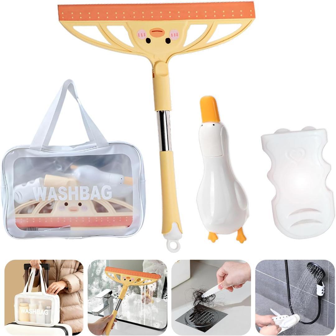 3-in-1 Bath&Kitchen Cleaning Set,Shower Squeegee for Shower Doors, Bathroom,Window and Car Waterproof Bag, Hair Catcher, Suction Cup Shower Head Holder for Deep Cleaning