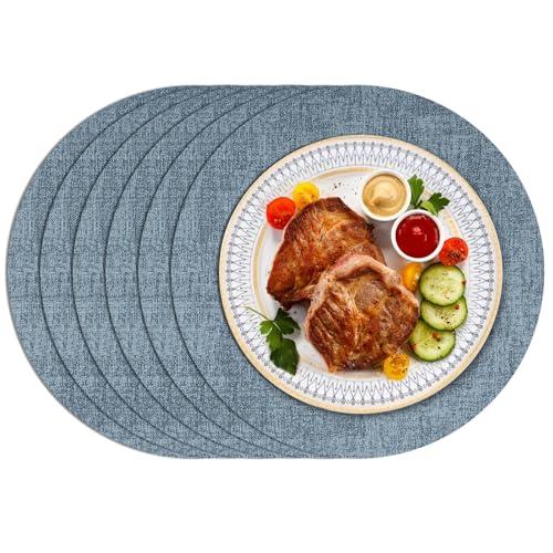 Enaskv Round Placemats Set of 6, Faux Leather Heat Resistant Place Mats Reversible Waterproof Oil-Proof Non-Slip Wipeable Mat for Kitchen Dining Table Indoor Outdoor, Sky Blue