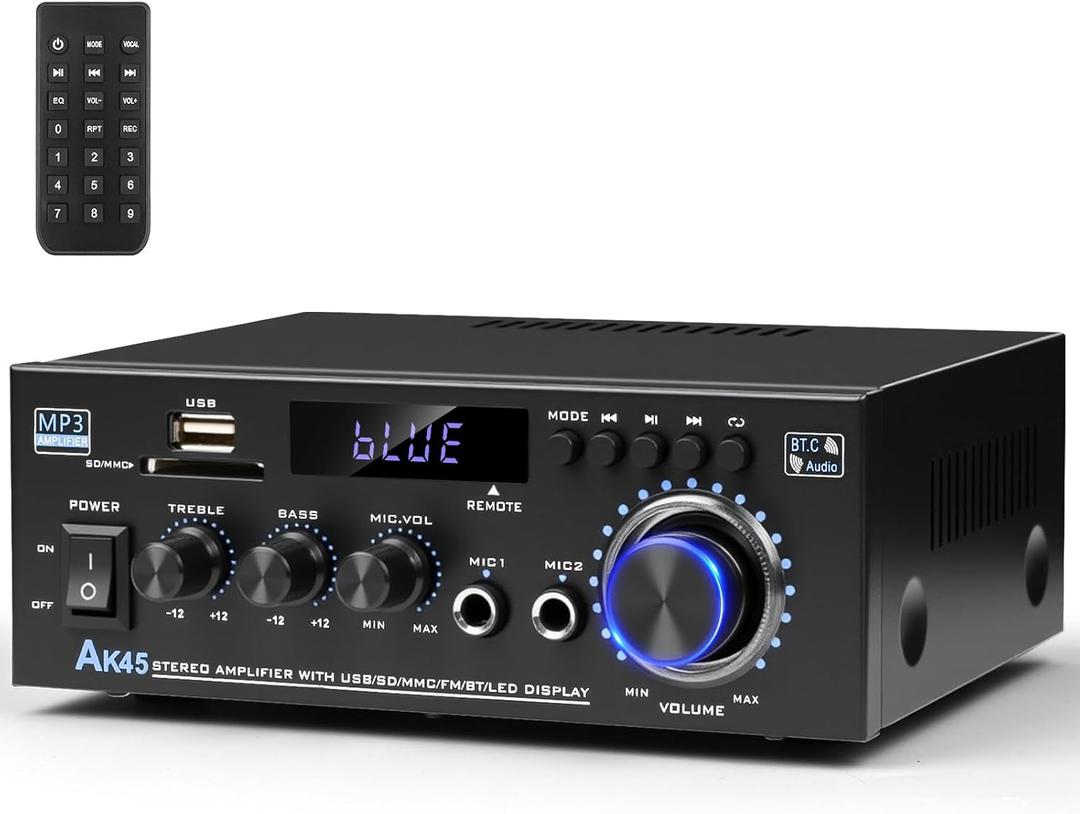Stereo Audio Amplifier 2025 Upgraded AK45 Bluetooth Receiver for Home Stereo, 400W 2 Channel Wireless Bluetooth 5.0 Power Amplifier System with FM Radio, USB, SD Card, and Remote Control