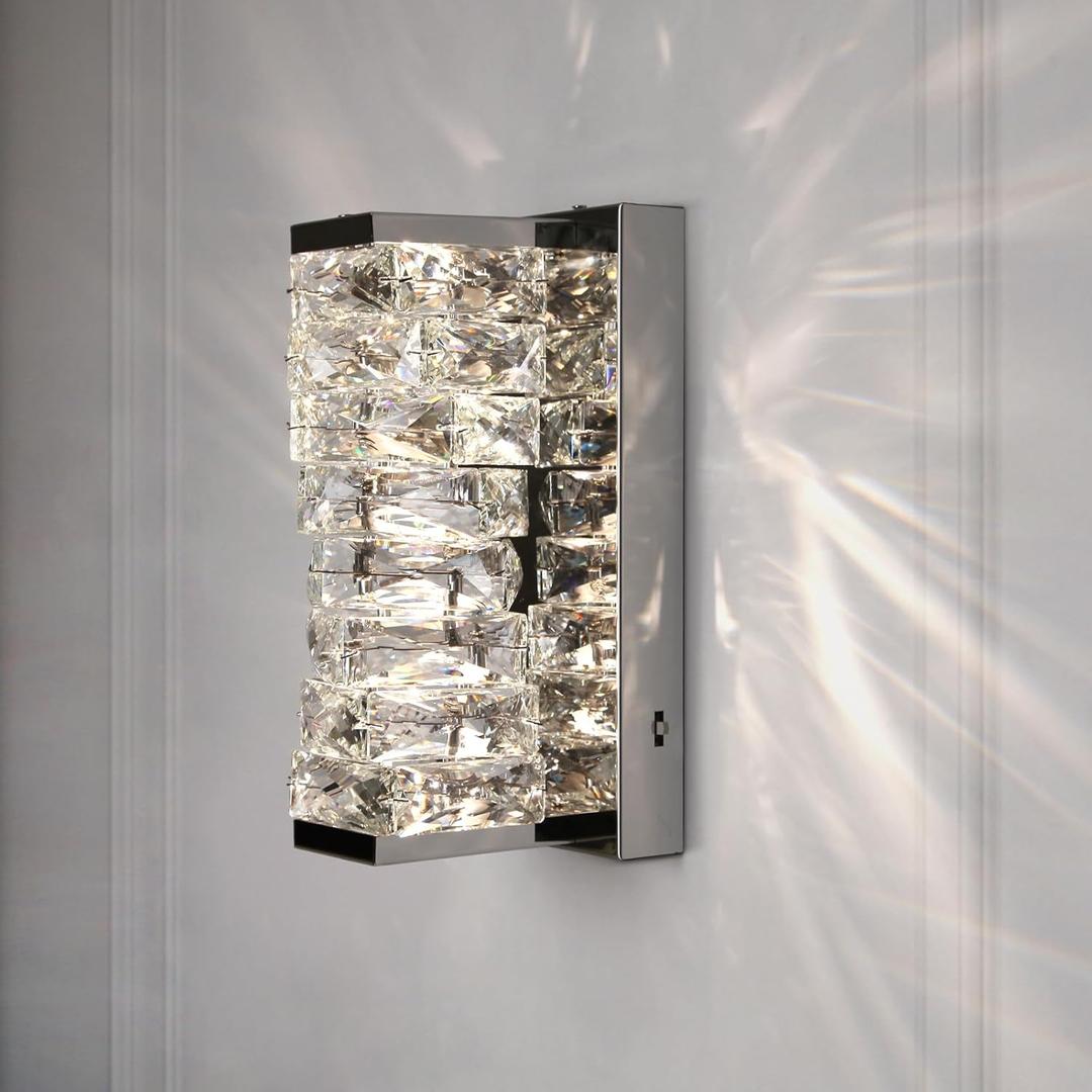 HuisMier Brushed Nickel Crystal Wall Sconce, Modern Dimmable LED Wall Light Fixtures with Remote, K9 Elegant Crystal Vanity Wall Lighting for Bathroom Bedroom Stairway Hallway, Hardwired 3000K6000K