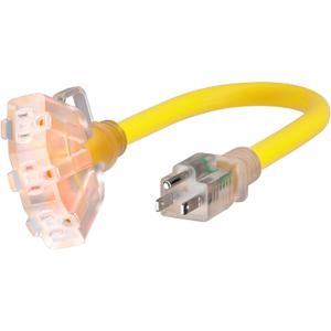 1 FT 12/3 Gauge Outdoor Extension Cord with Multiple Outlets Light Indicator, Flexible Weatherproof 3 Outlet Heavy Duty Extension Cord Waterproof Yellow, 15A 1875W 12AWG SJTW, ETL Listed