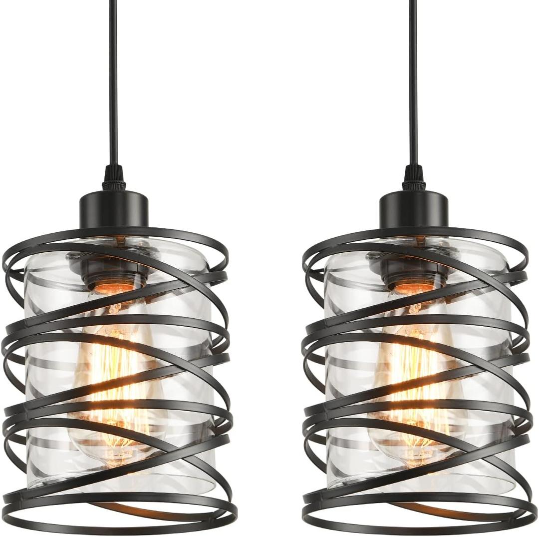 2 Pack Black Spiral Cage Pendant Lights with Clear Glass Shade, Suitable for Kitchen Island, Dining Table, Entryway, Restaurant