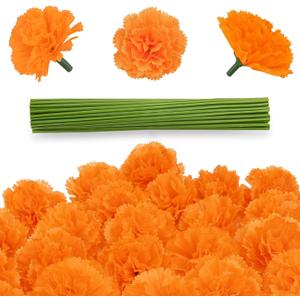 30 pcs Artificial Marigold Flowers,3.54" Silk Marigold Flower Heads with Stems,Orange Flowers Artificial Decor for Party,Indian Wedding,Indian Theme,Diwali Home Decor DIY Wreath Garland