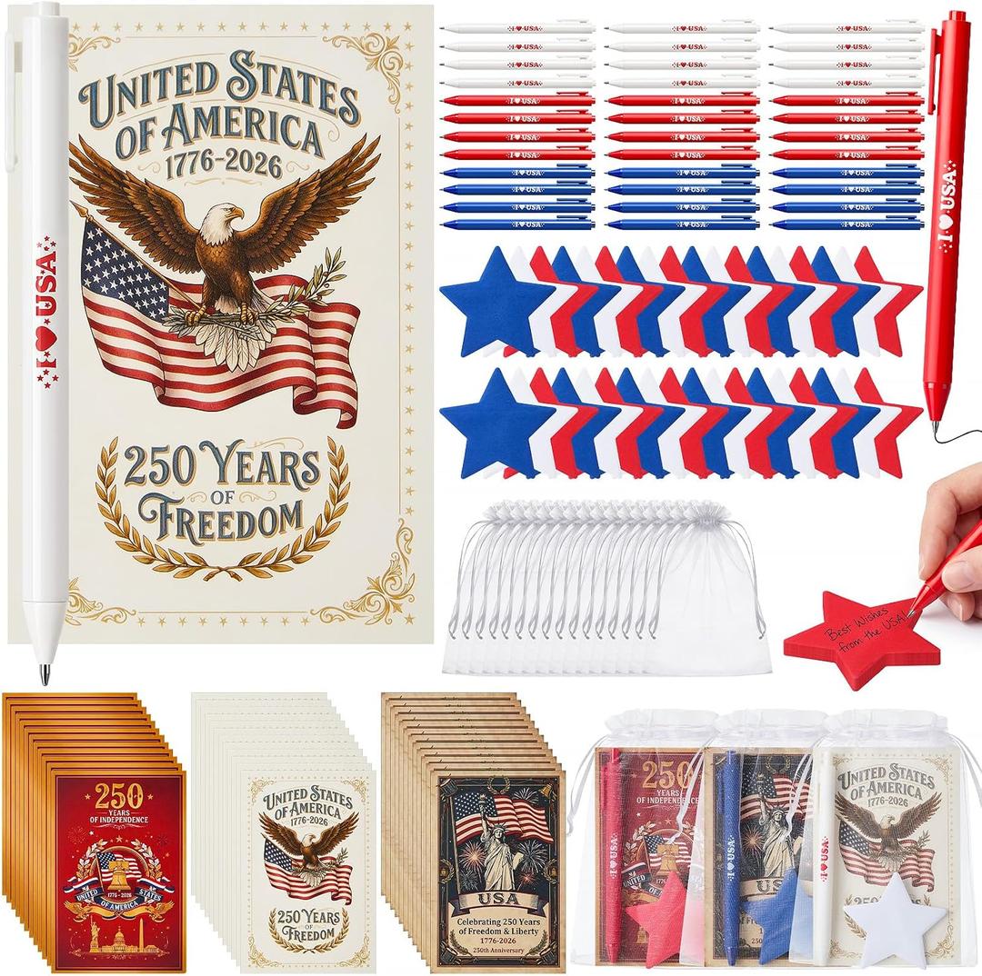 36 Set Patriotic 250th Anniversary Veterans Appreciation Gifts Bulk Independence Day Memorial Day Team Gift Ballpoint Pen, 4th of July Sticky Notes, Greeting Card for Army Party Thank You Gifts