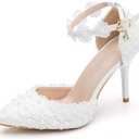 Dress First Women's High Heel Pumps Closed Toe Sandals with Floral Lace Pearls Strap Stiletto Bridal Wedding Party Shoes,3.74" (9, White)