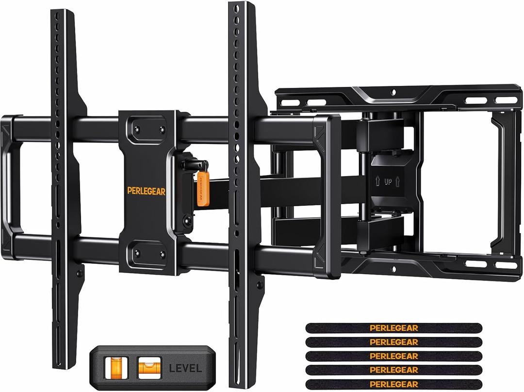 Perlegear UL Listed Full Motion TV Wall Mount for Most 4284 inch Flat Curved TVs up to 132 lbs, 12/16 Wood Studs, Bracket with Articulating Arms, Swivel, Tool-Free Tilt, Max VESA 600x400mm PGLF12