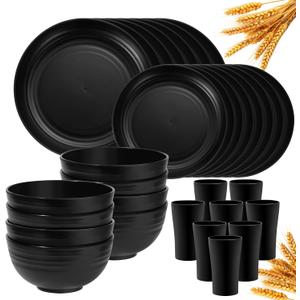 Klickpick Home 32 Pieces wheatstraw Dinnerware Set with 8 Each of Dinner Plates Desert Plates Cereal Salad Bowls Cups Unbreakable Modern Dinner Set for Microwave Dishwasher Safe Reusable Black