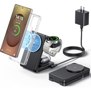3 in 1 Magnetic Foldable Wireless Charger for Samsung, Fast Mag-Safe Charging Station for Galaxy S26 S25 S24 Ultra Plus/Z Fold/Z Flip 7/6/5, Charger Stand for Galaxy Watch Ultra /8/7/6/5/Pro, for Buds