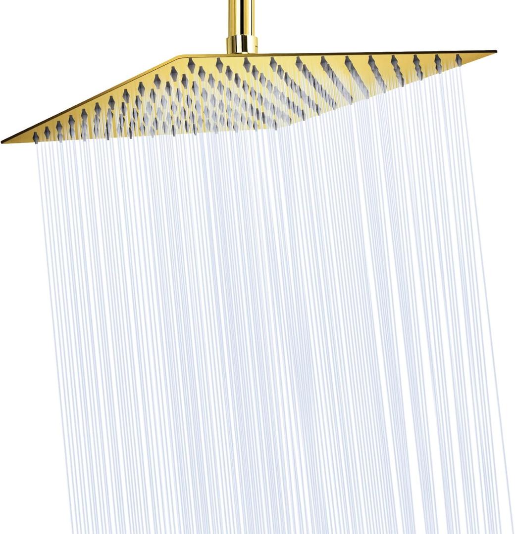 NearMoon Rain Shower Head, High Flow Stainless Steel Square Rainfall Shower, Waterfall Bath Shower Body Covering, Ceiling or Wall Mount (12 Inch, Chrome Gold)
