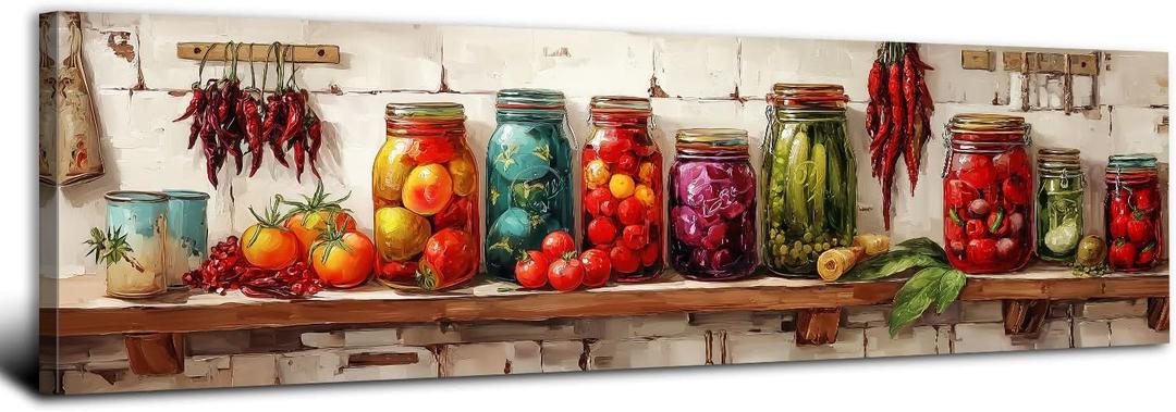 Colorful Mason Jar Wall Art Spices Food Picture Kitchen Wall Decor Abstract Pepper Herbs Canvas Print Dining Room Painting Watercolor Vegetables Poster Modern Artwork Restaurant Home Decoration 14x48"