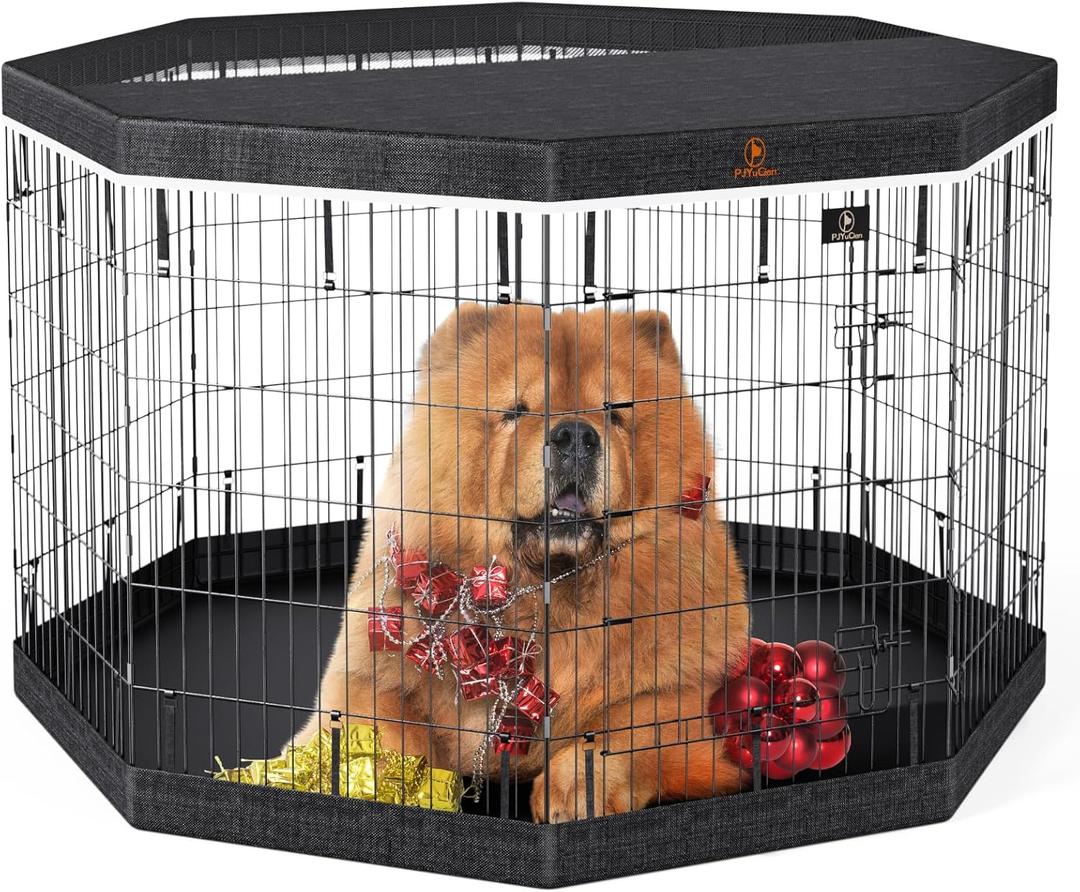 PJYuCien Dog Playpen, 8 Panels 42H Dog Pens Indoor with Bottom Pad and Top Cover, Metal Foldable Pet Puppy Exercise Fence Crate Kennel, Better for Medium and Big Animals,Black