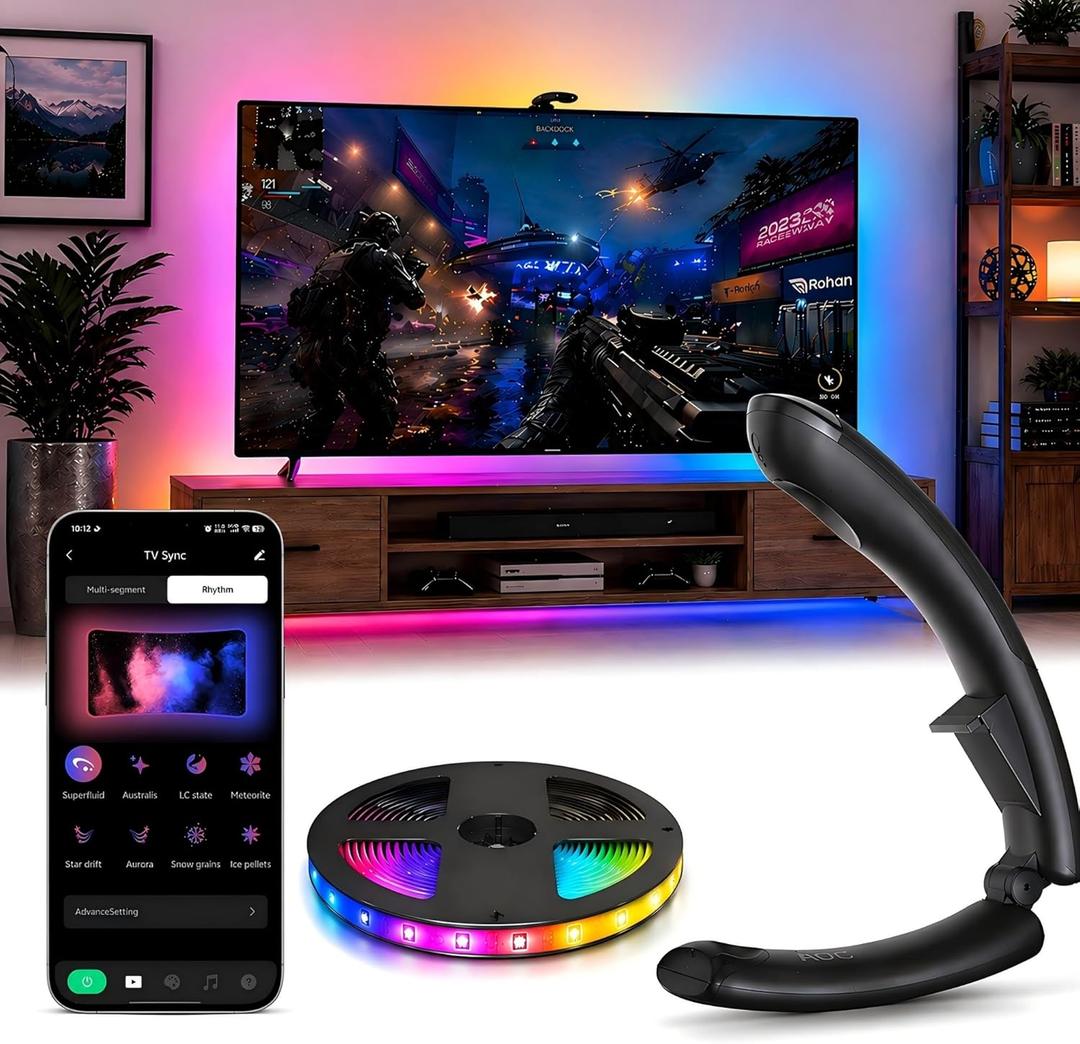 AOC TV LED Backlight, TV Lights that Change with TVs for 55-65 inch Screen, RGB Strip Lighting with Sensor, Syncs Behind the Monitor, Smart App Control, Movie Game Music & DIY Mode, 14.8FT