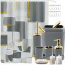 XLHOMO Bathroom Set - Grey and Gold Bathroom Accessories Set, Bathroom Sets with Shower Curtain and Rugs, Grey Shower Curtain Set with Bathroom Trash Can, Soap Dispenser, Soap Dish for Home Decor