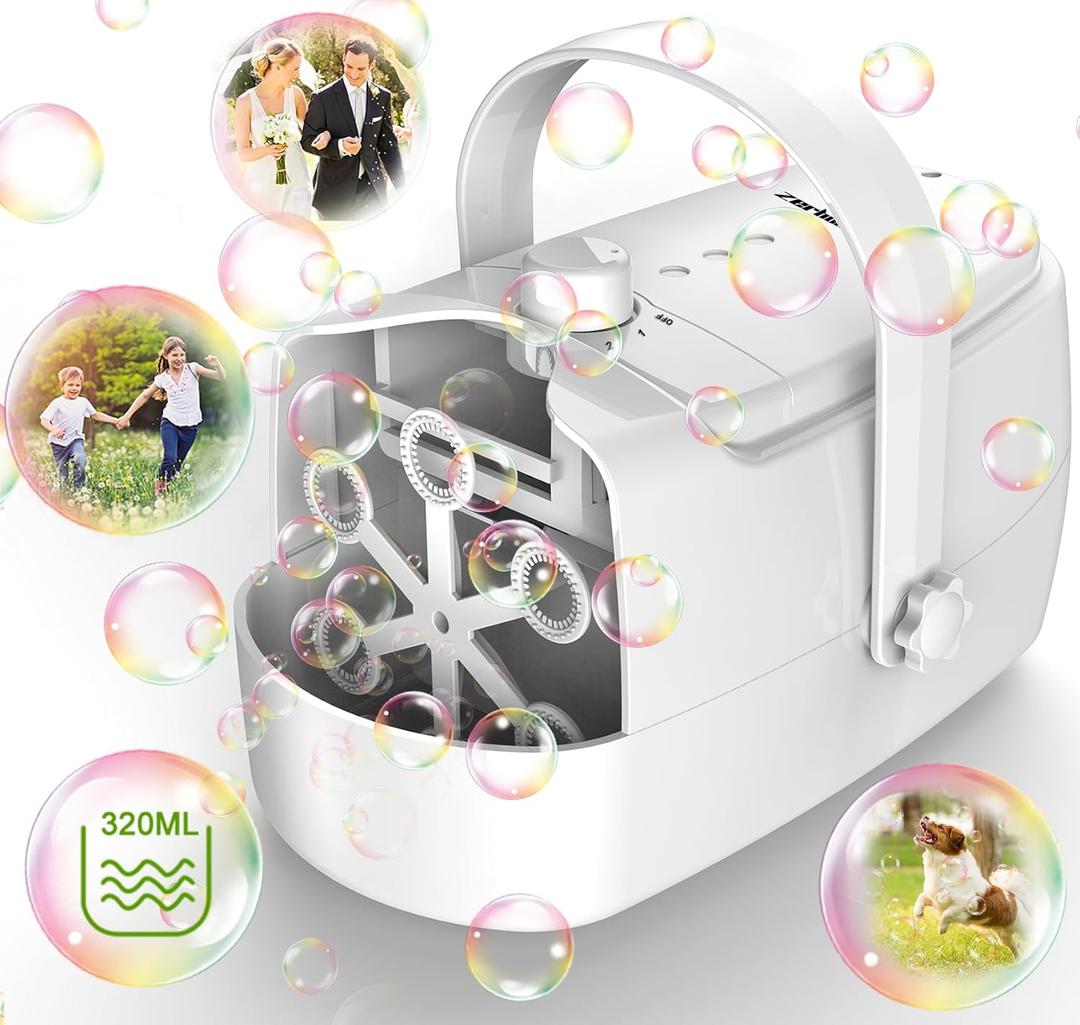 Bubble Machine, Automatic 18000+ Per Minute Big Bubbles Blower Maker for Kids Toddlers with 2 Speeds,6 Wands,Operated by Plugin or Batteries for Outdoor/Indoor Birthday Parties,Wedding (White)