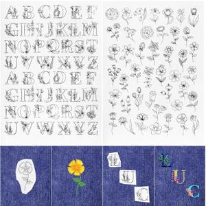 2 Sheets Stick and Stitch Embroidery Patterns, Embroidery Pattern Water Soluble Embroidery Stabilizers Wash Away Embroidery-Paper Designs with Pre-Printed Floral Letter for Hand Sewing Beginners