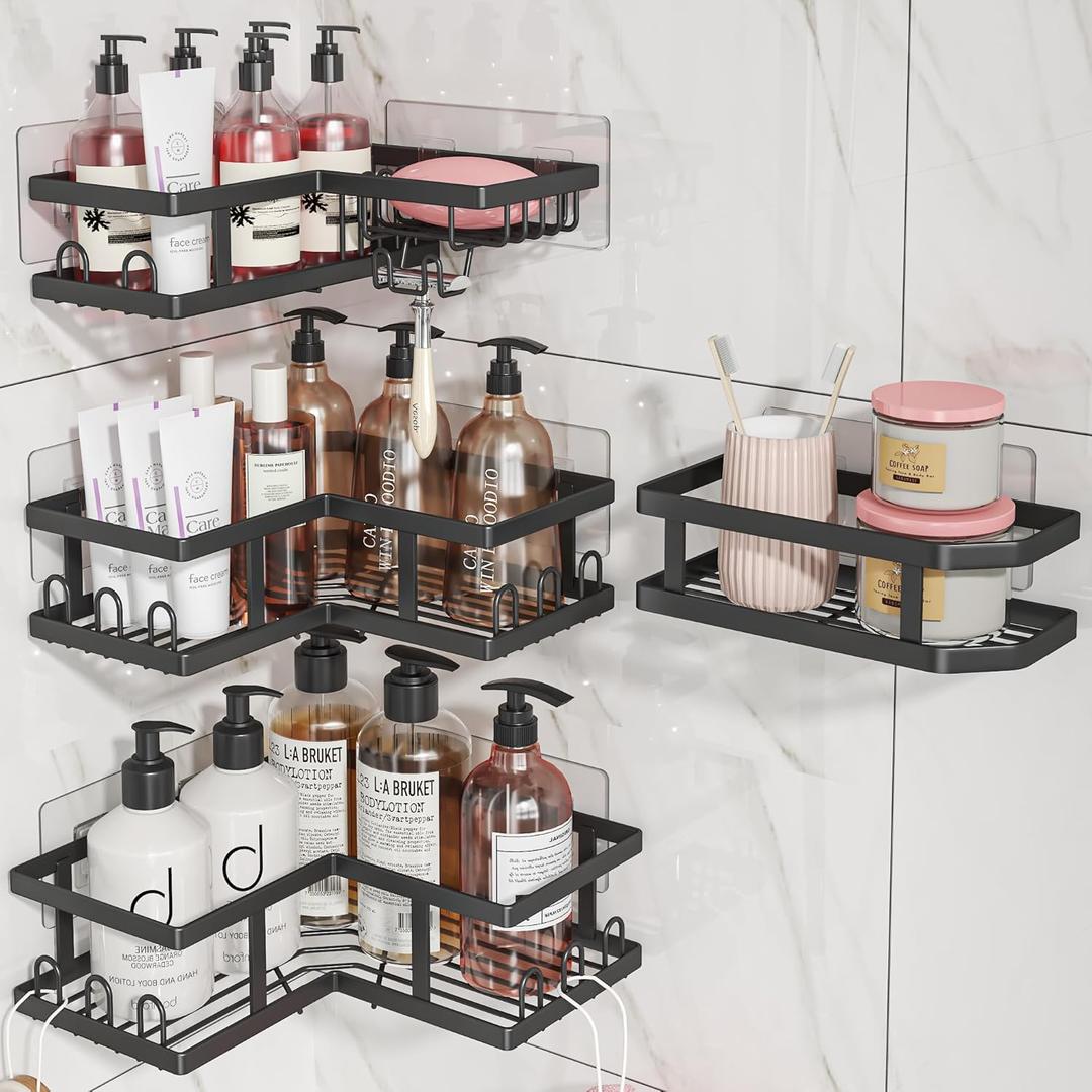 Adhesive Corner Shower Caddy with Soap Holder - Rustproof, No Drilling Shelves Wall Mounted, Organizer for Bathroom, Kitchen & Home Decor. Black, 4-Pack