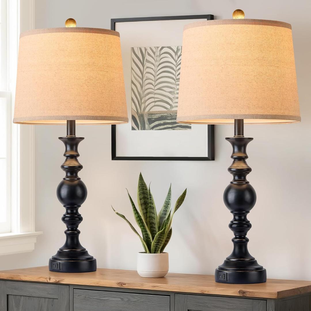 Farmhouse Lamp for Bedroom Set of 2, Table Lamp for Nightstand with Dual USB Charging Ports, 28" Table Lamps for Living Room, Bulb Not Included (7.Black)